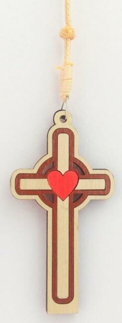 810013850314 Wooden Red Heart Hanging Car Cross